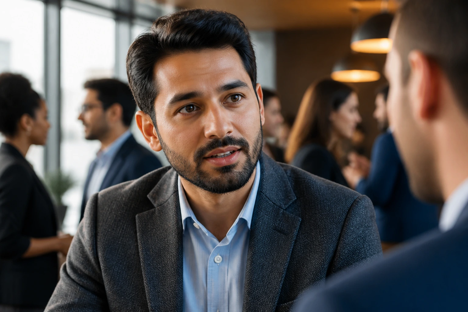 Close-up portrait of civil engineer networking in a modern office