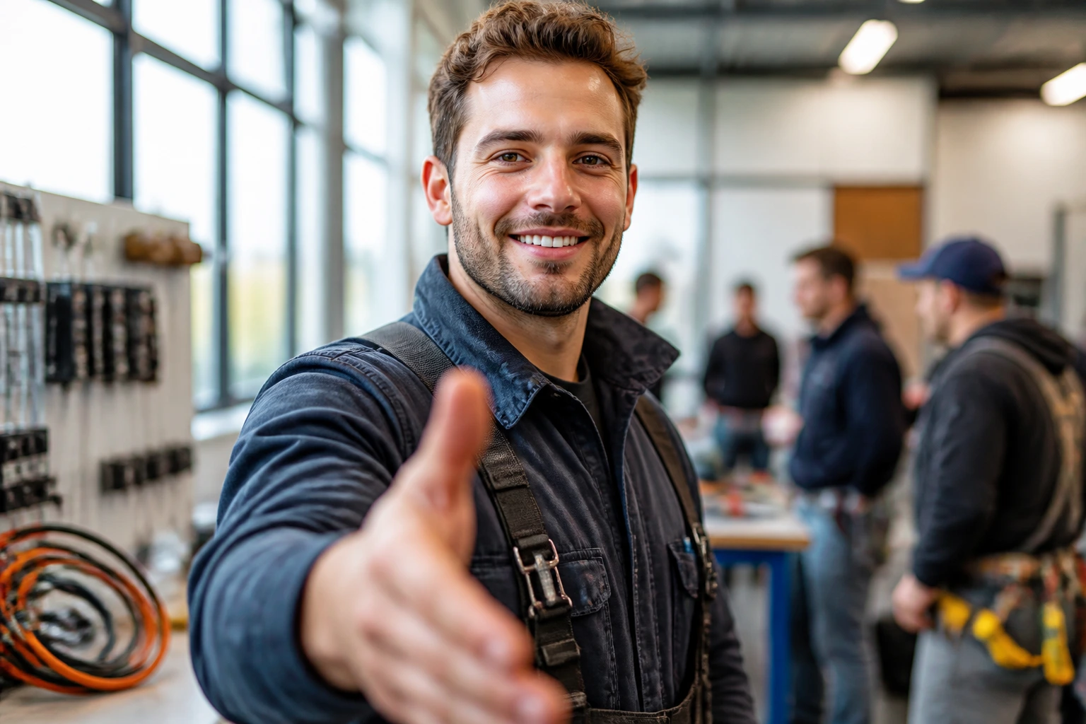 Professional tradesperson greeting in a workshop setting for networking in Canada