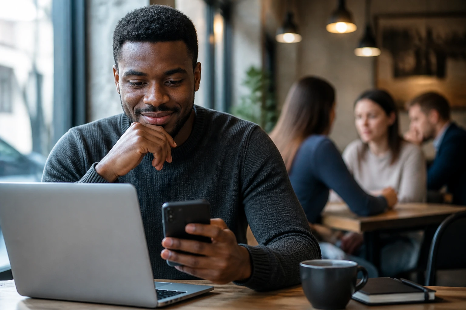 Close-up portrait of a professional networking in a cafe before arriving in the UK