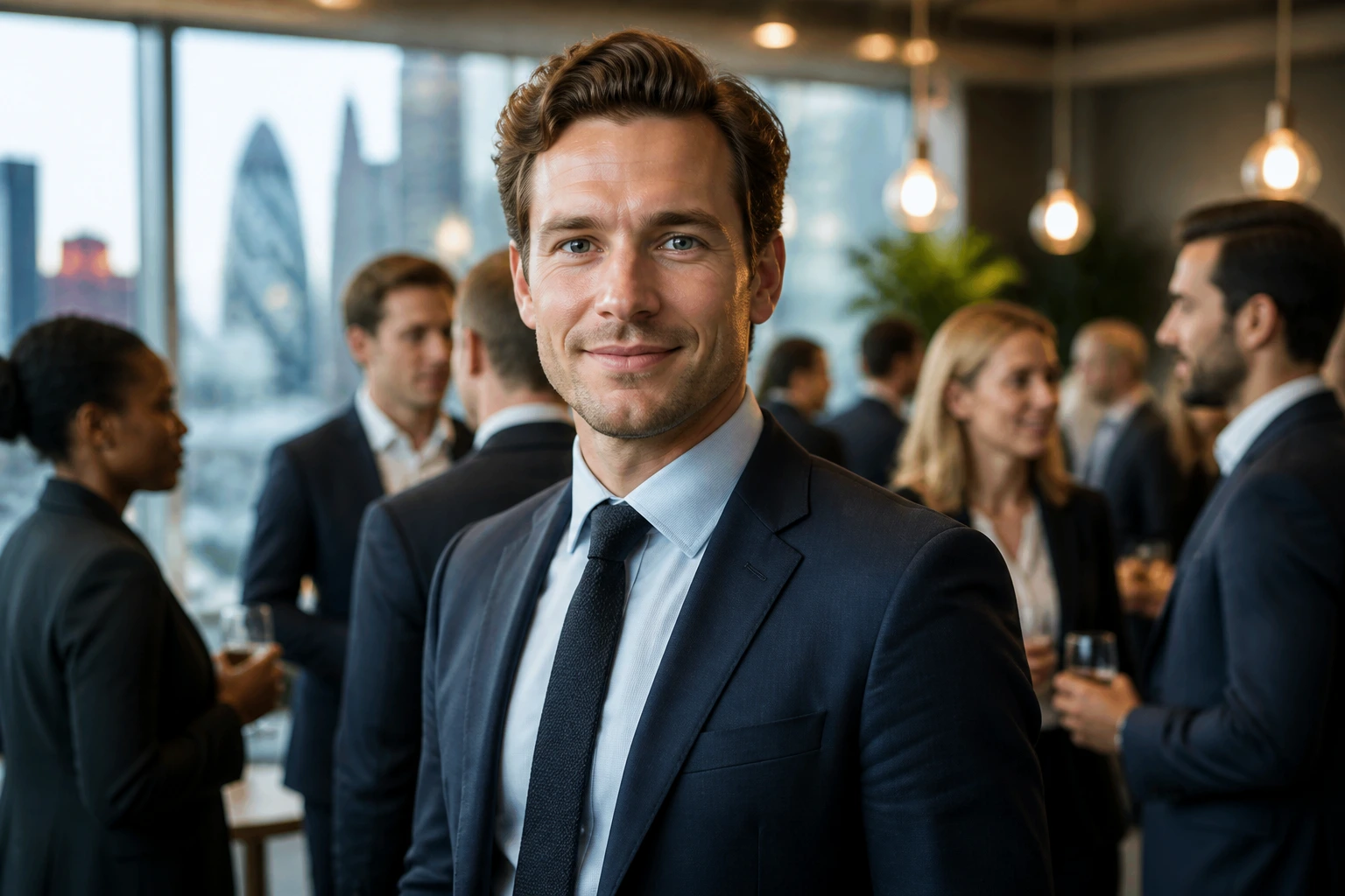 Professional at a networking event with blurred attendees in background