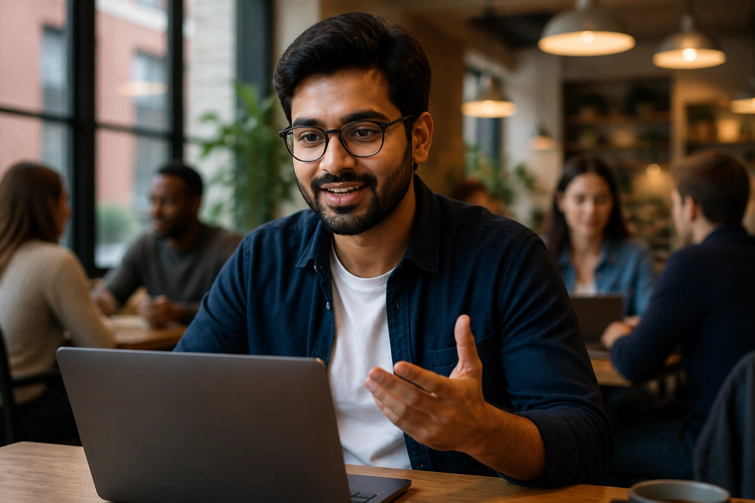 Portrait of a professional networking in a cafe setting, looking engaged and approachable.