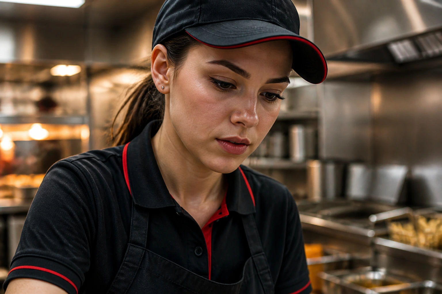 Portrait of a new fast-food worker in uniform in a kitchen, ready for a sponsored role