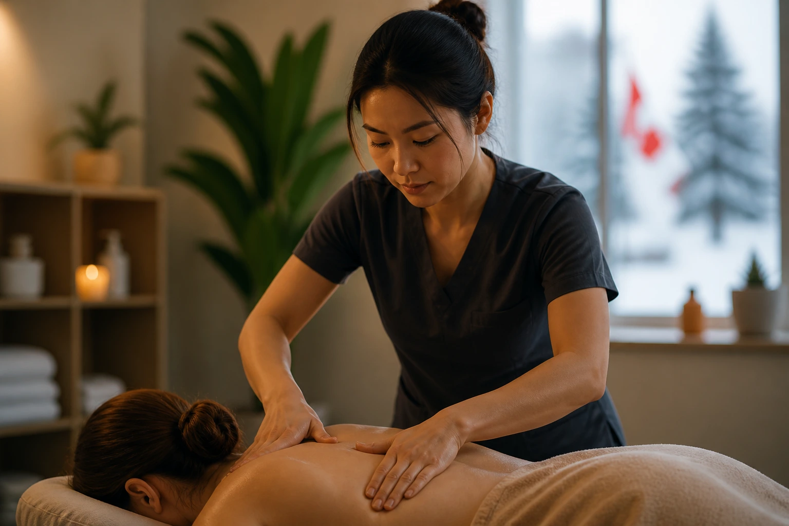 New massage therapist in Canada performing a treatment in a clinic, first months experience