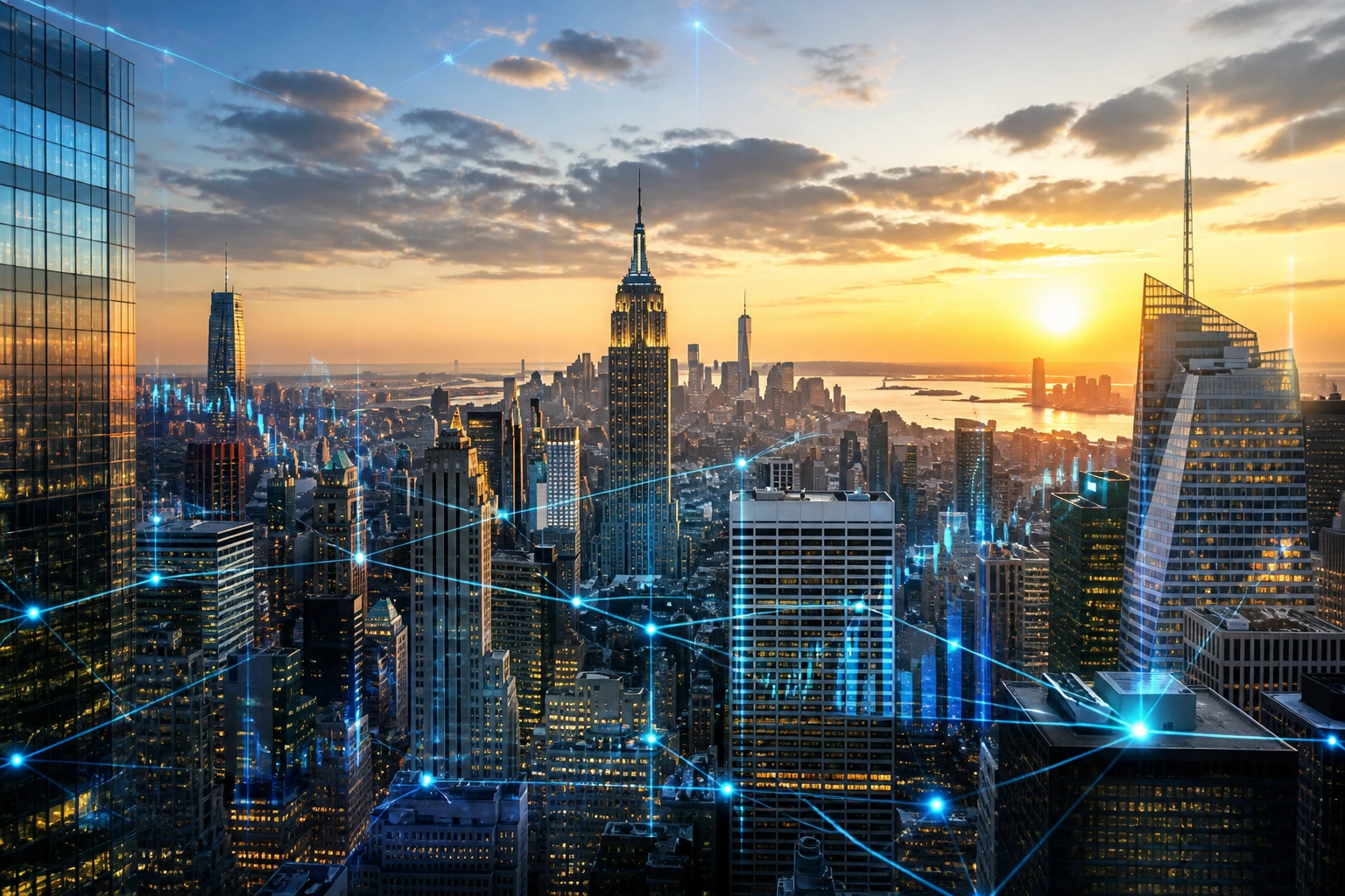 Manhattan skyline at sunset from a rooftop