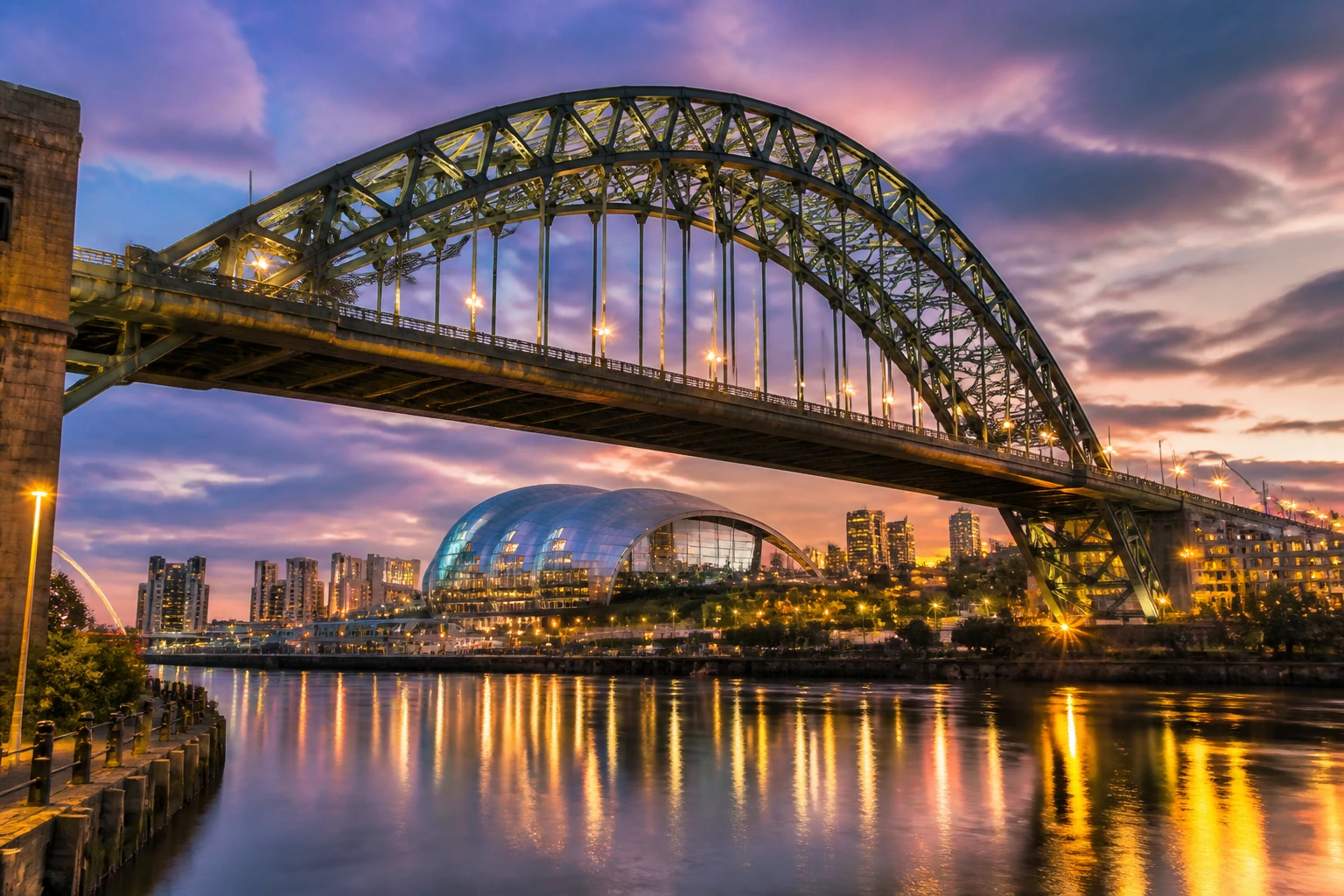 Close-up of the Tyne Bridge arch over the River Tyne at dusk, Newcastle