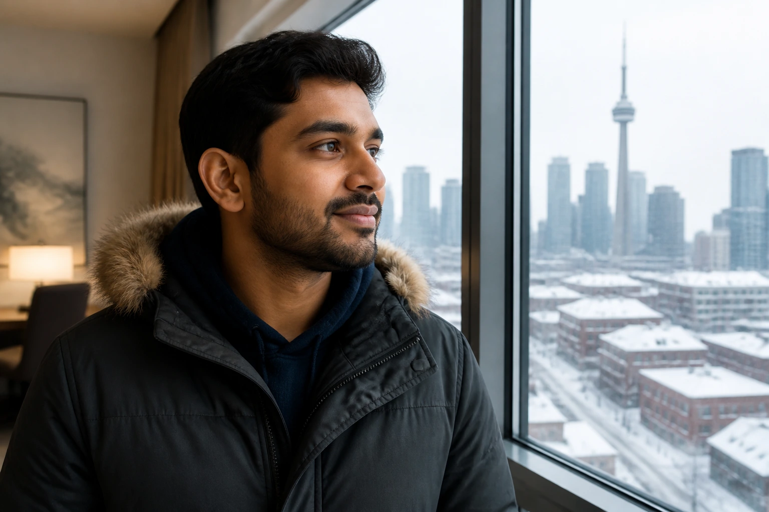 Newcomer in Canada during first week adjusting to SIN, bank, and housing basics.