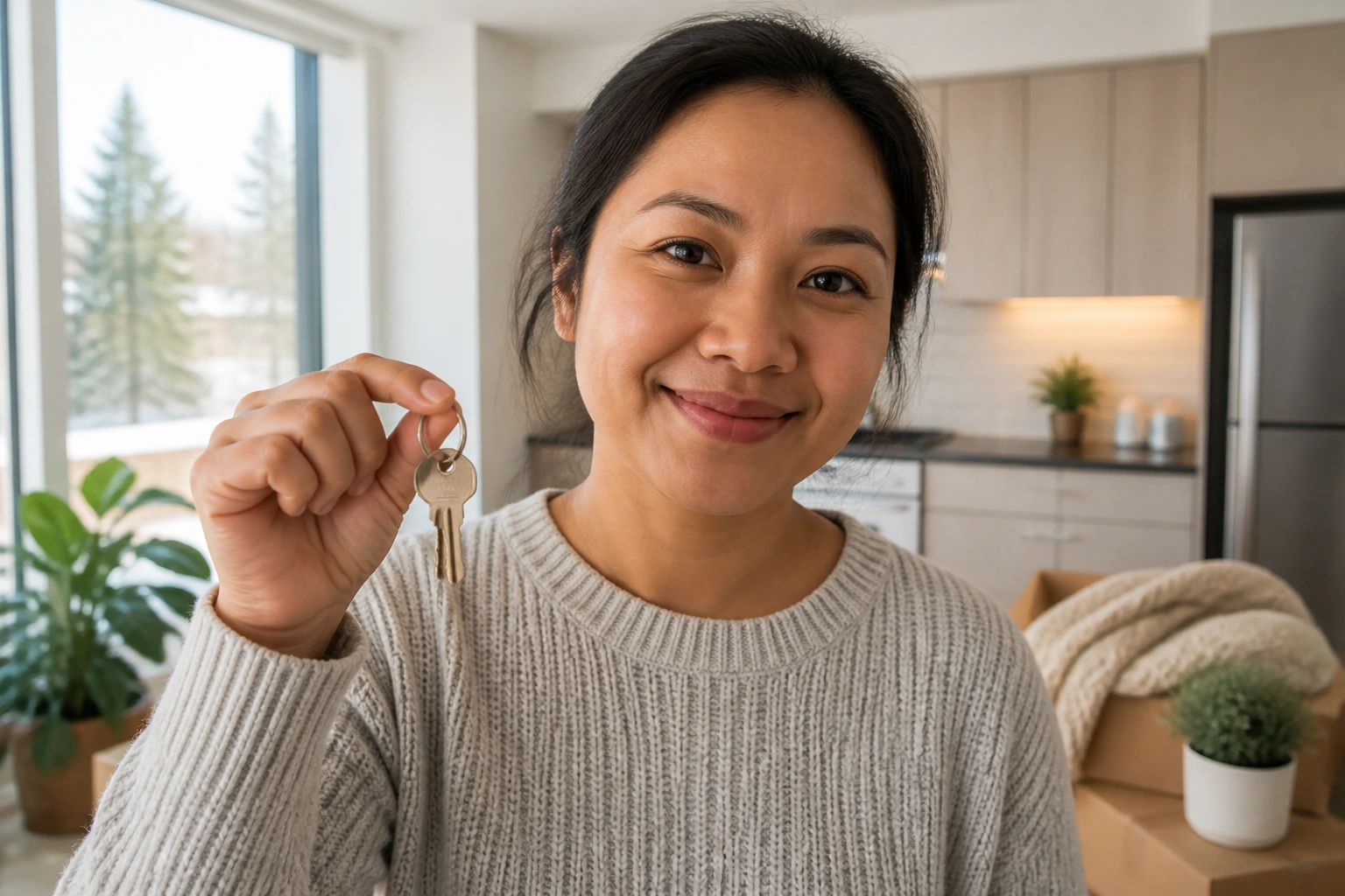 Close-up portrait of a newcomer in a bright modern kitchen, holding keys with warm daylight.