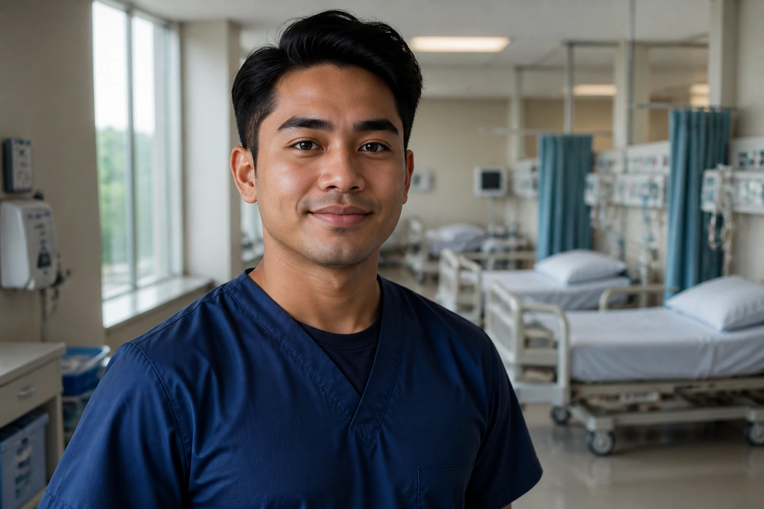 Newly arrived hospital orderly in uniform in a Canadian ward, resolute and ready