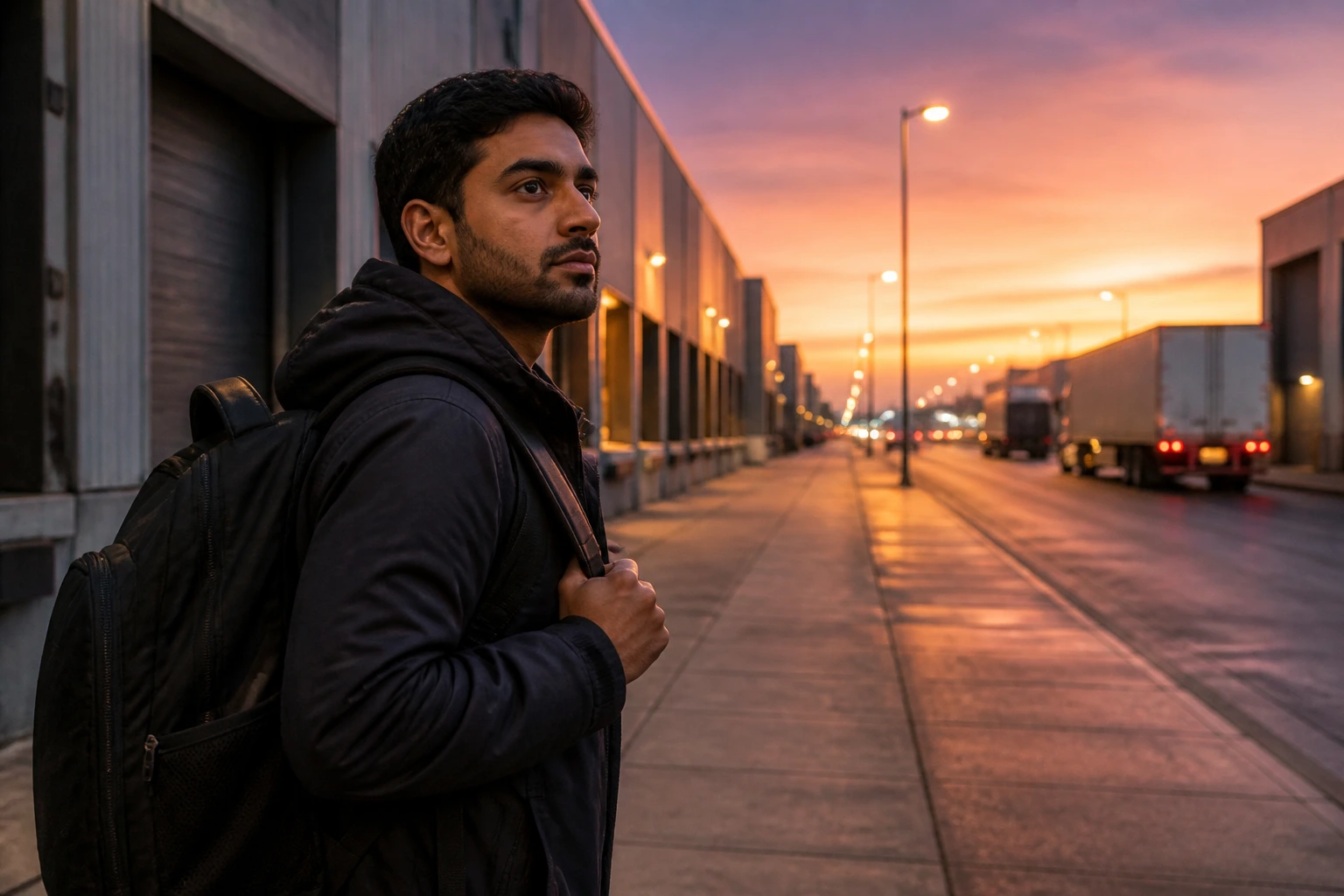 Close-up of a newcomer with backpack near a warehouse district at dusk.