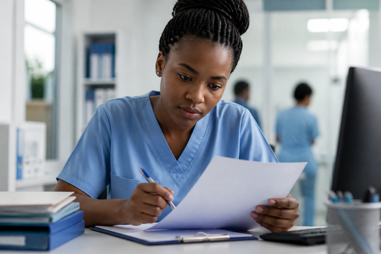 Applicant studying a NHS job advert in a hospital recruitment area