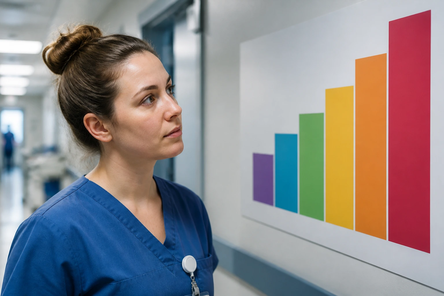 Radiographer examining a color-coded band chart for career progression in NHS setting
