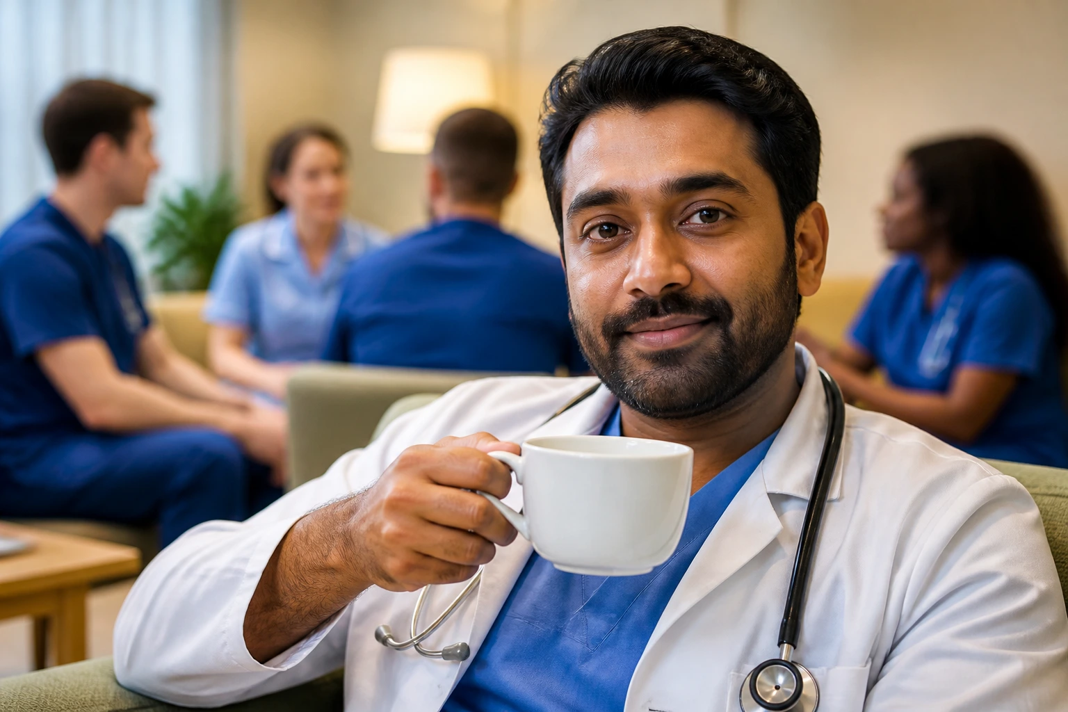 Doctor in hospital lounge conveying cultural adjustment in NHS