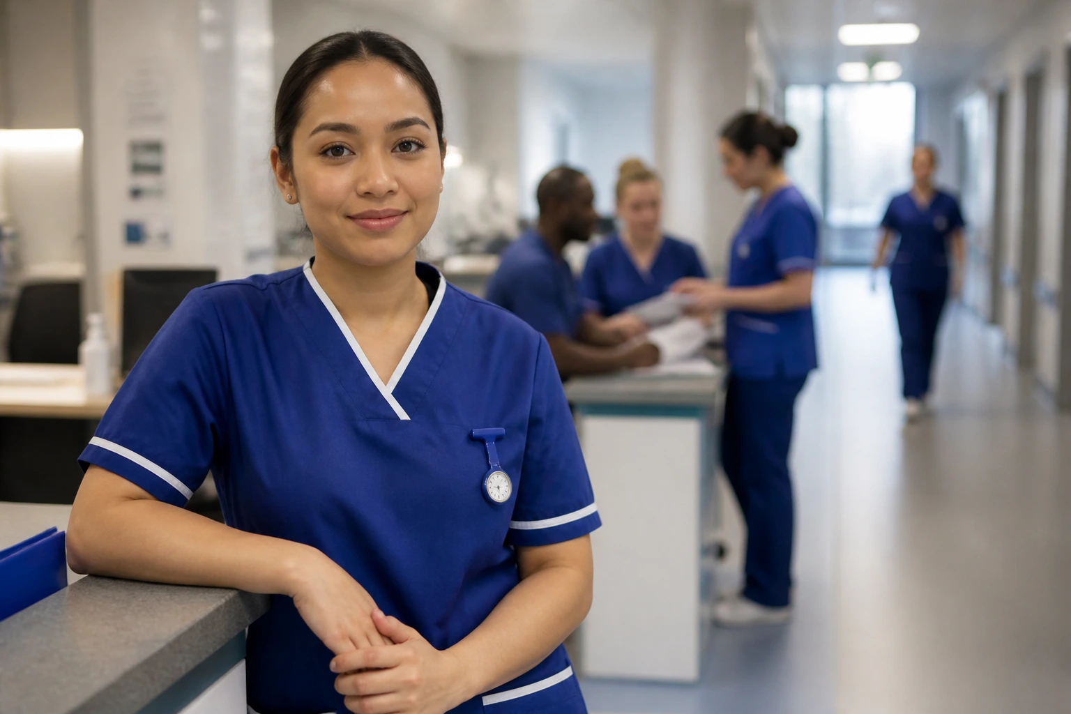 Nurse adapting to NHS work culture in a hospital staff room