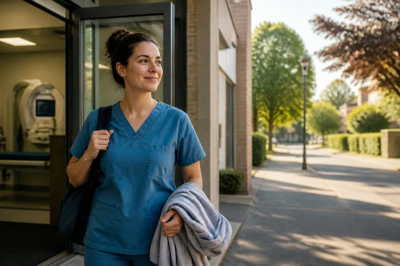 Radiographer leaving hospital after shift, illustrating NHS work-life balance