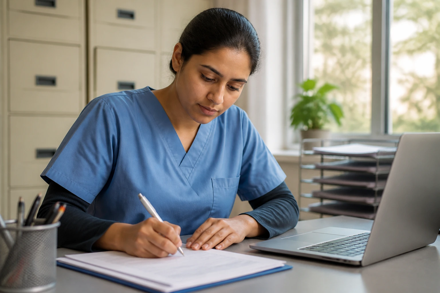 Person drafting NHS phlebotomy CV in an office