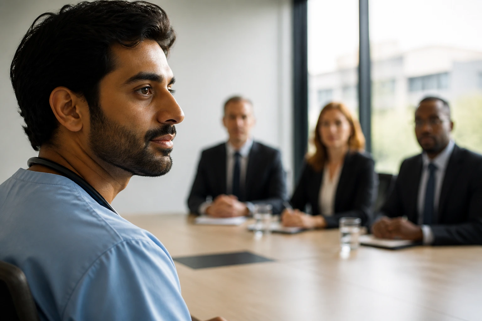 Portrait of doctor during NHS interview with panel blur in background