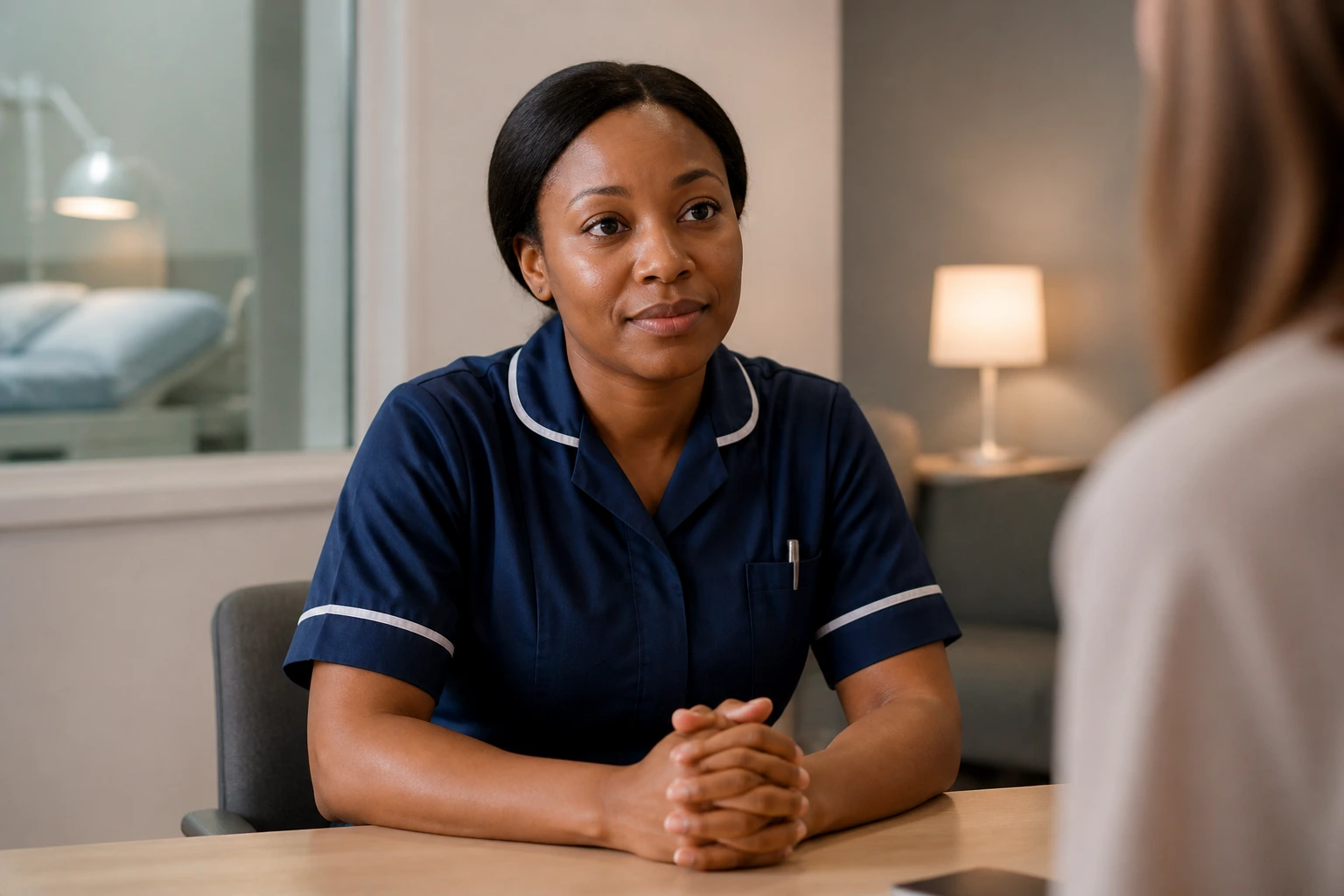 Midwife in an interview-ready pose in a quiet hospital room
