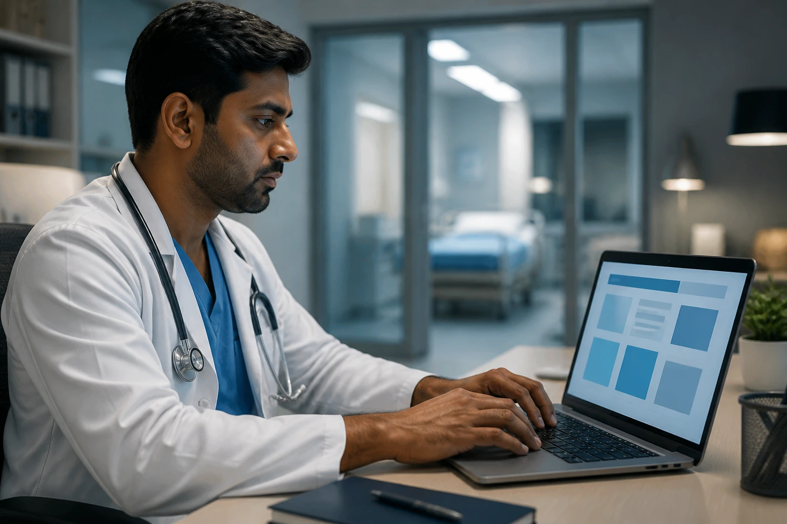 Doctor at laptop with abstract UI representing NHS Jobs portal