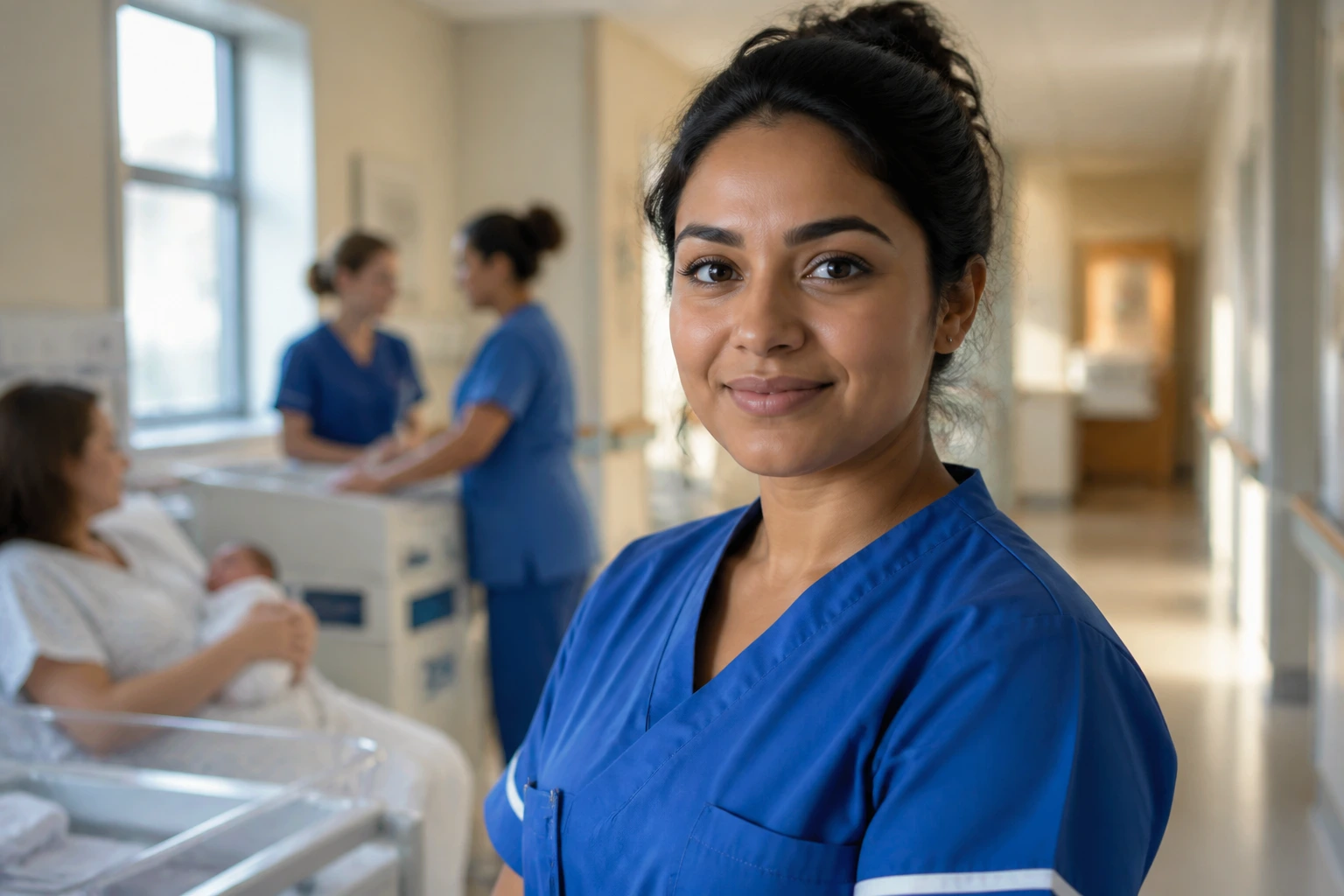 Portrait of an NHS midwife in a maternity ward, calm confident expression
