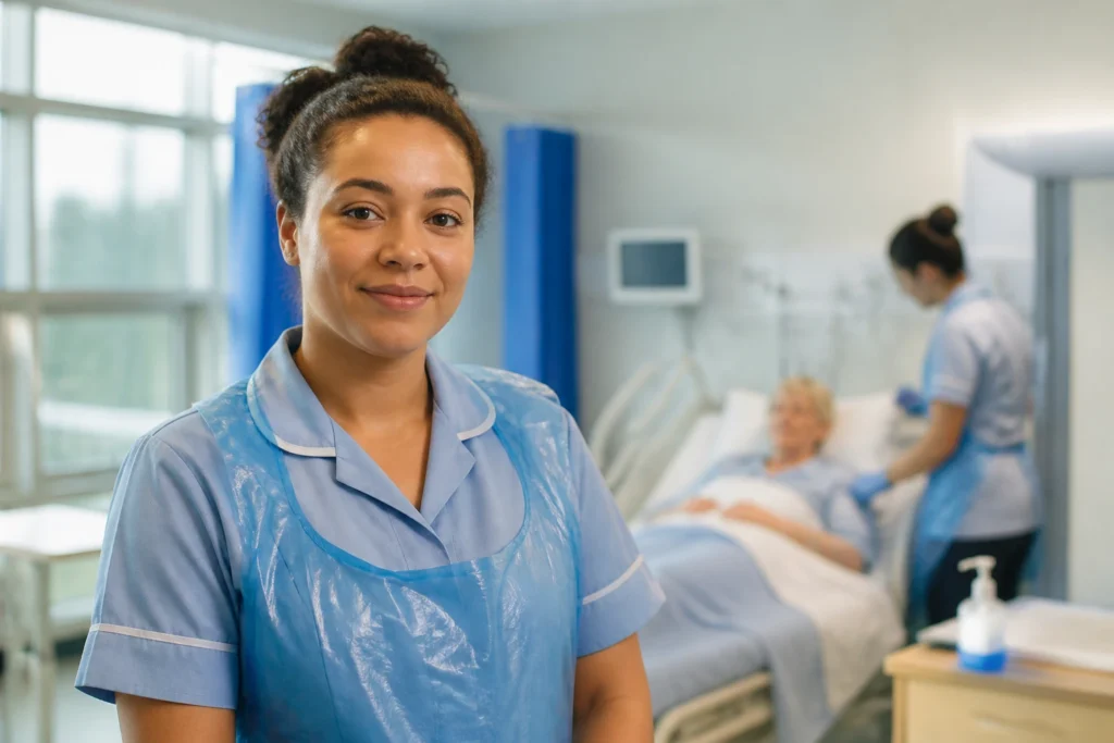 Medium close-up of a healthcare assistant in a hospital environment illustrating NHS pay band context.