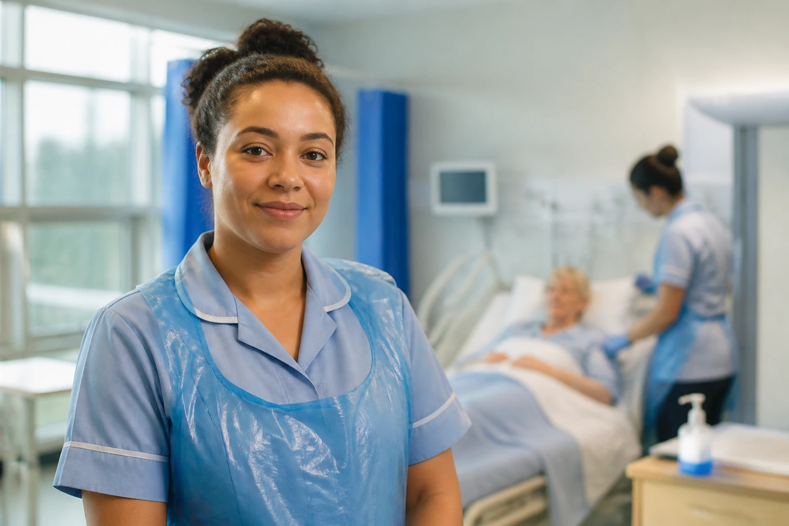 Medium close-up of a healthcare assistant in a hospital environment illustrating NHS pay band context.