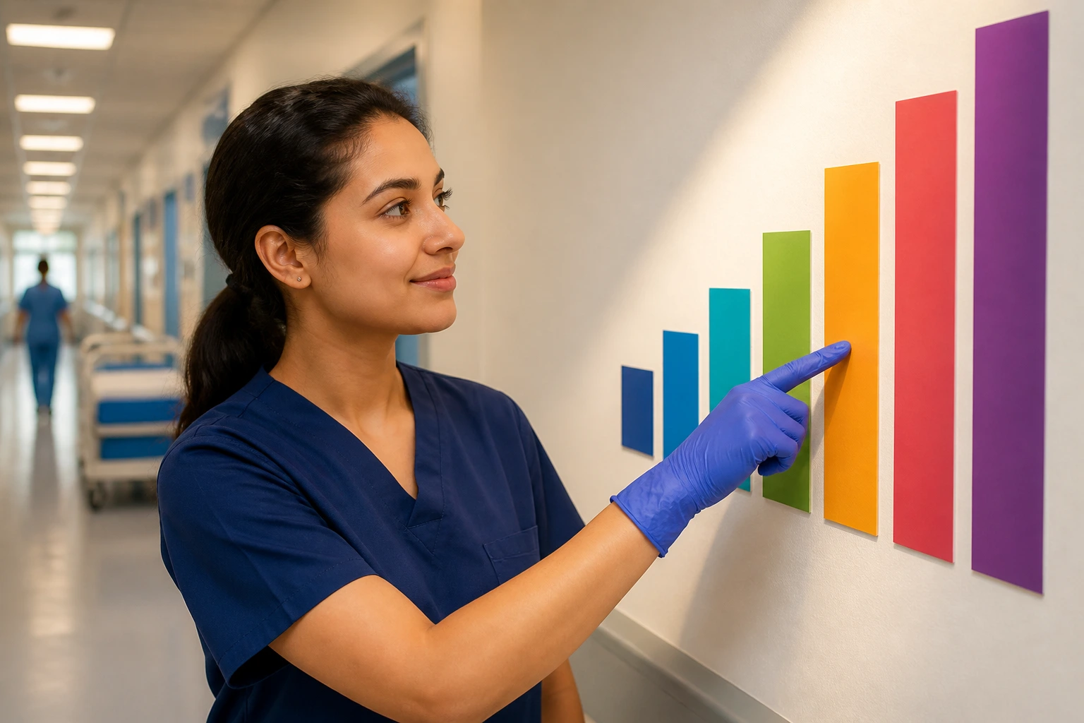Healthcare worker examining a symbolic pay-band chart in a hospital setting.