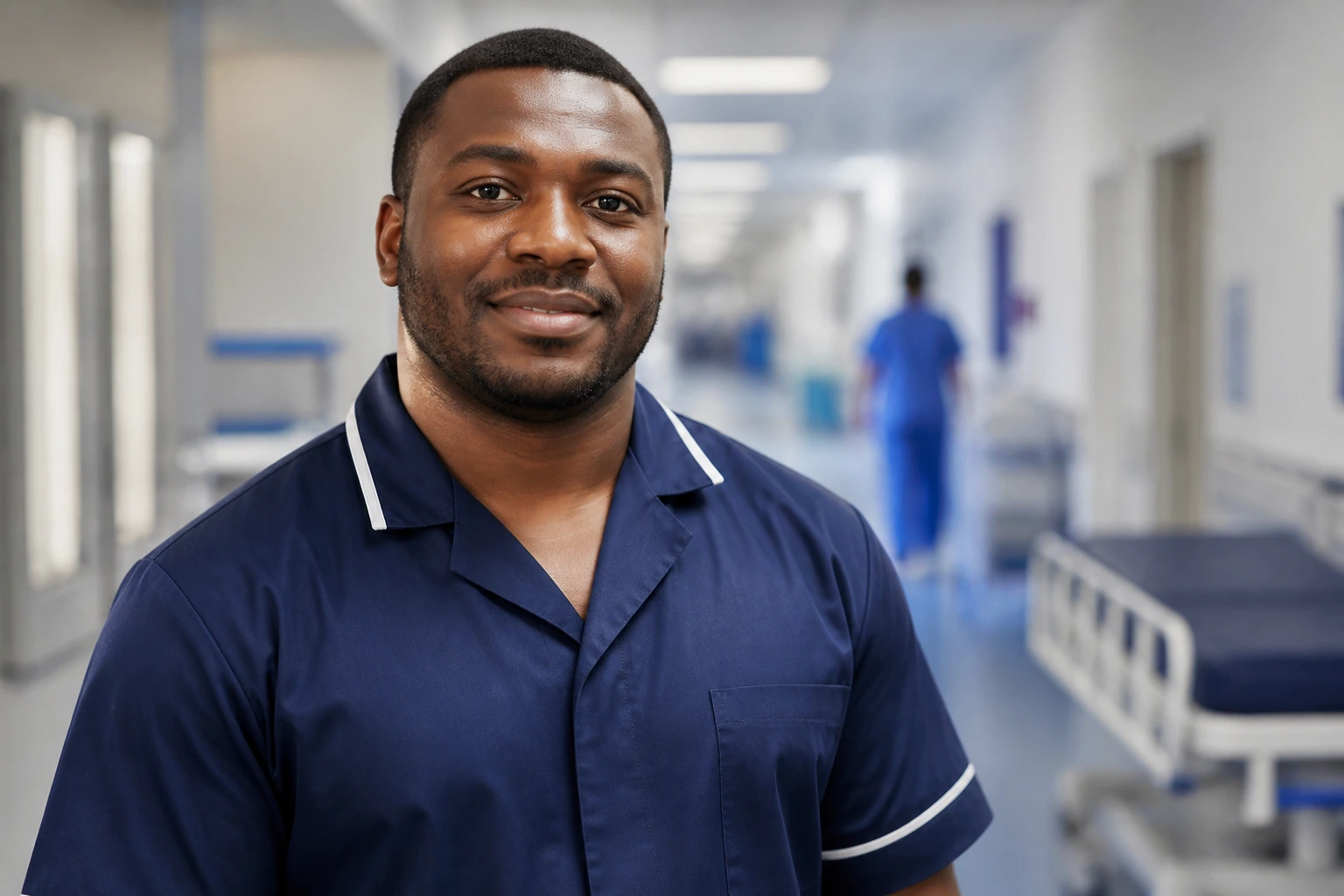 Portrait of an NHS hospital porter in uniform in a corridor.