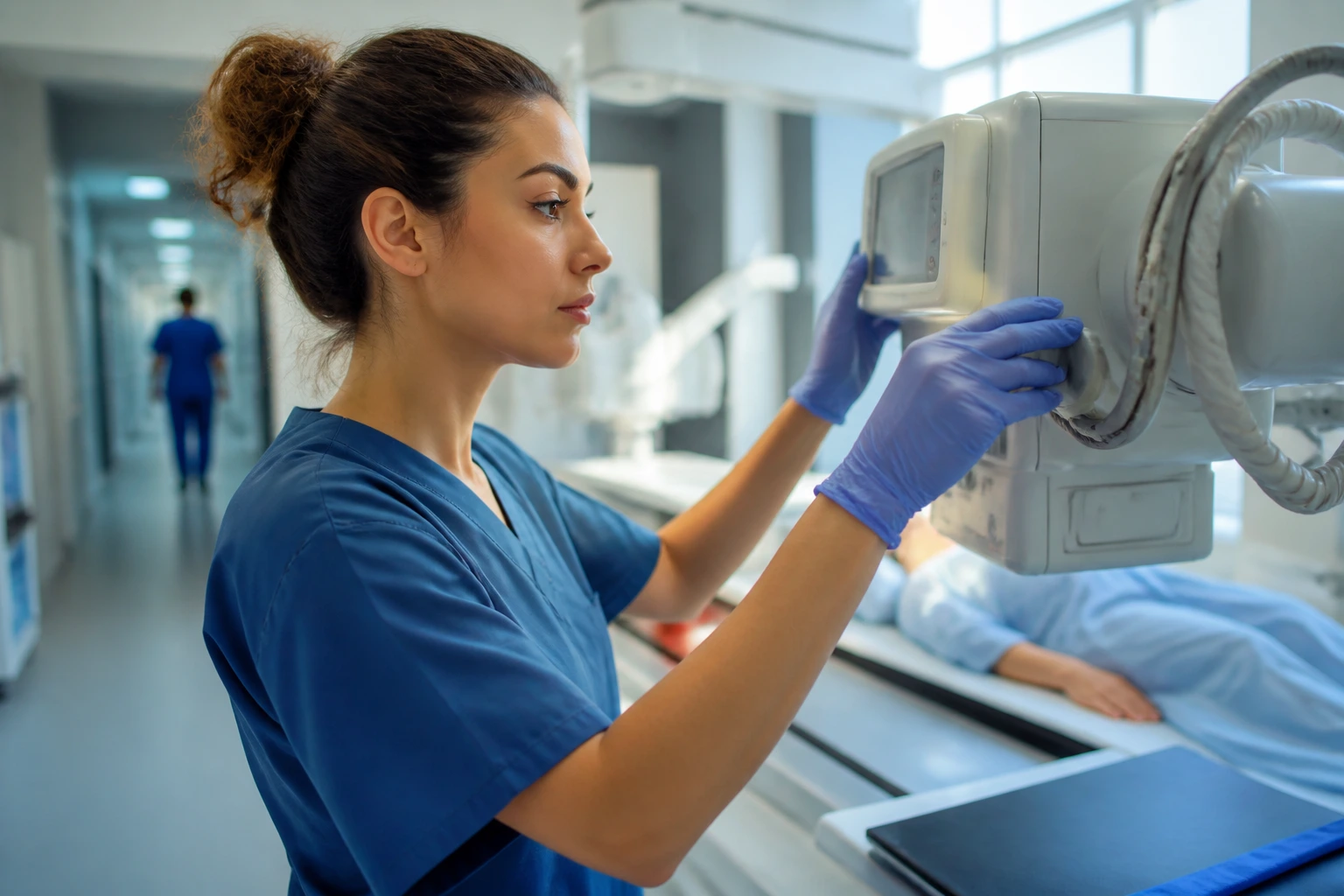 Close-up portrait of an NHS radiographer in a busy radiology department