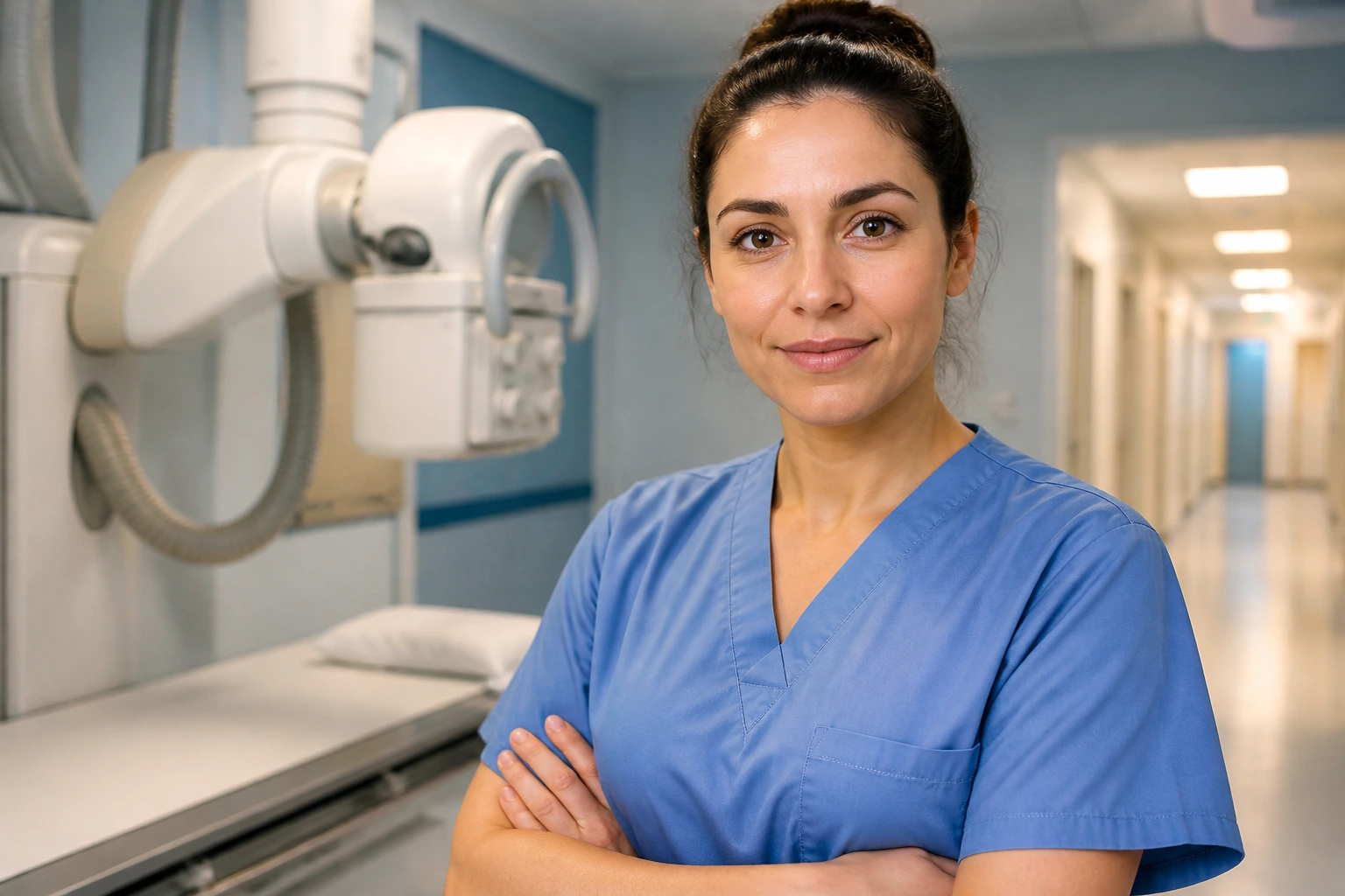 Radiographer in NHS uniform in a radiology department with calm, confident expression