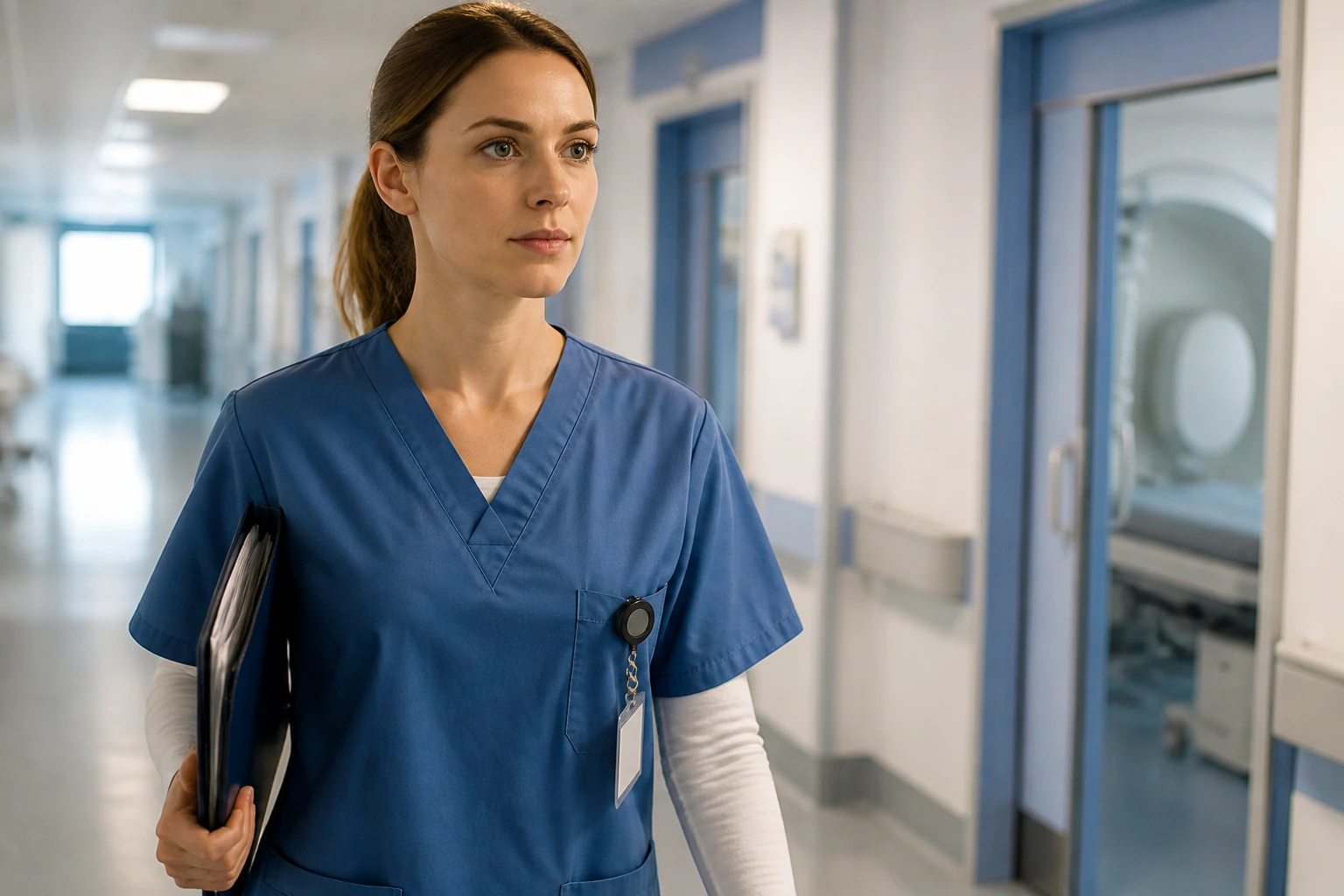Radiographer walking through hospital corridor, determined gaze