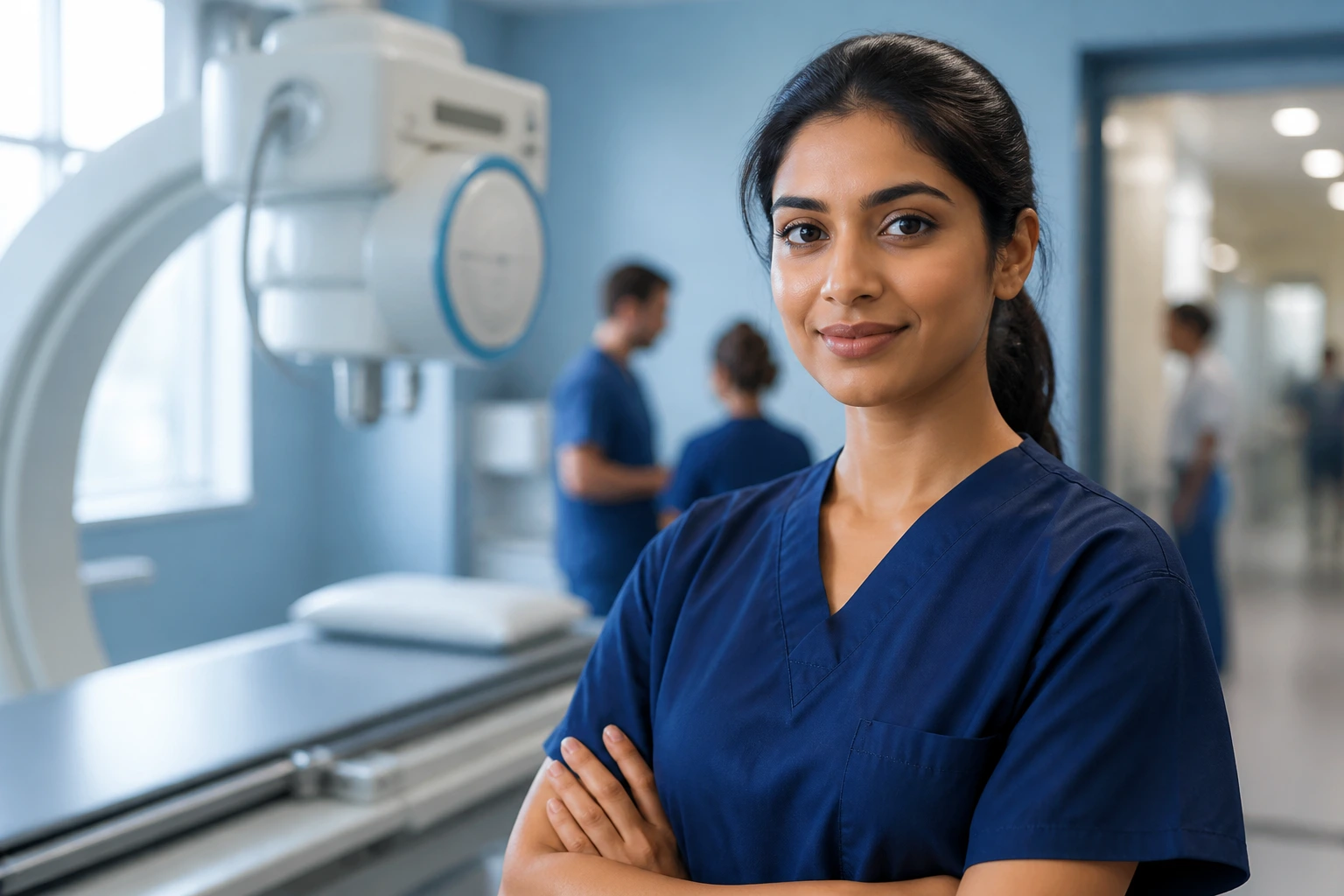 Radiographer in NHS setting looking confident in a hospital interior