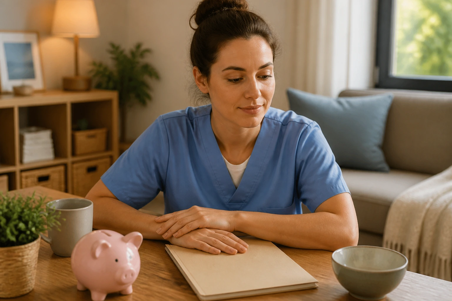 Radiographer planning finances at home in a calm setting