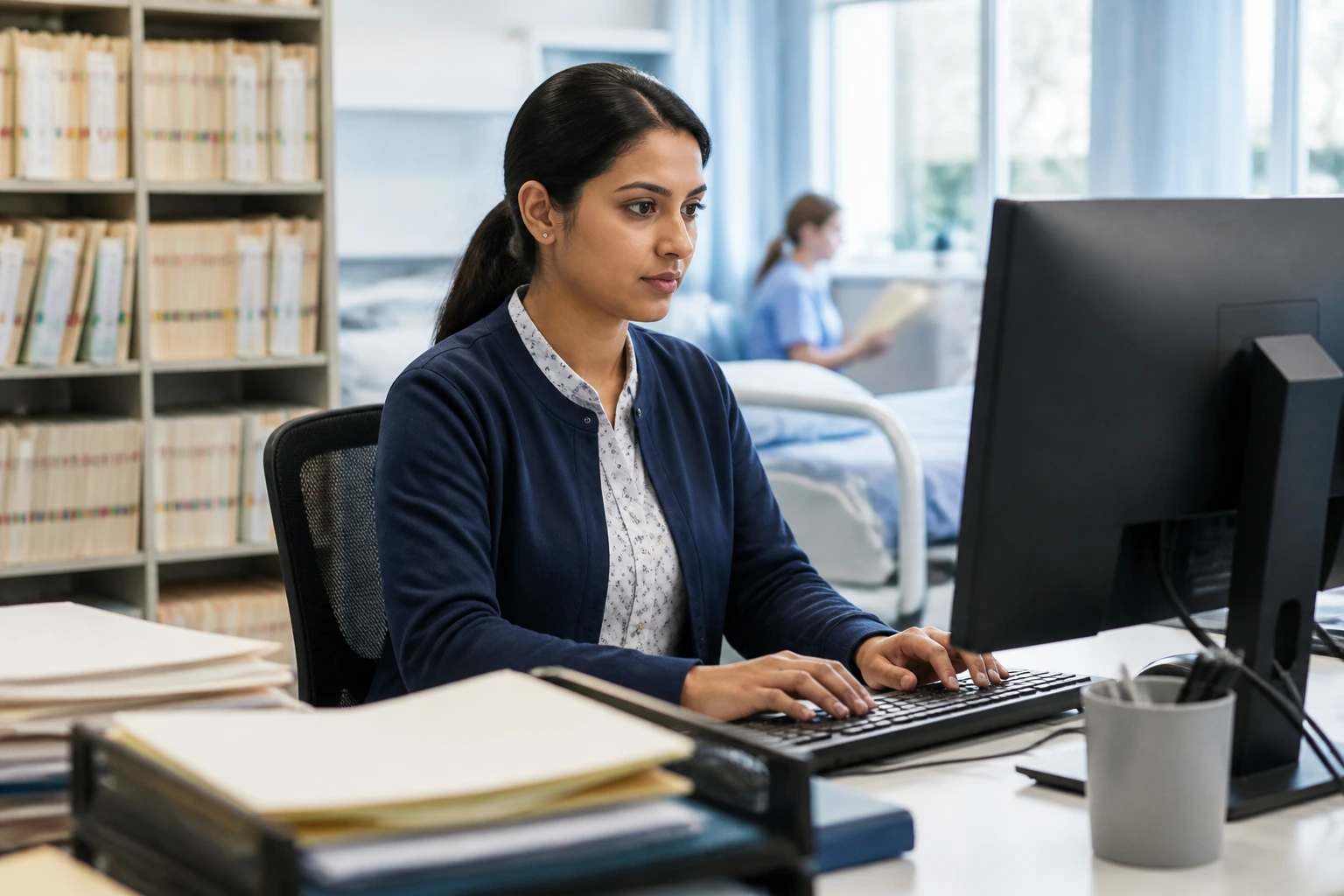 Admin staff at workstation in healthcare or education setting