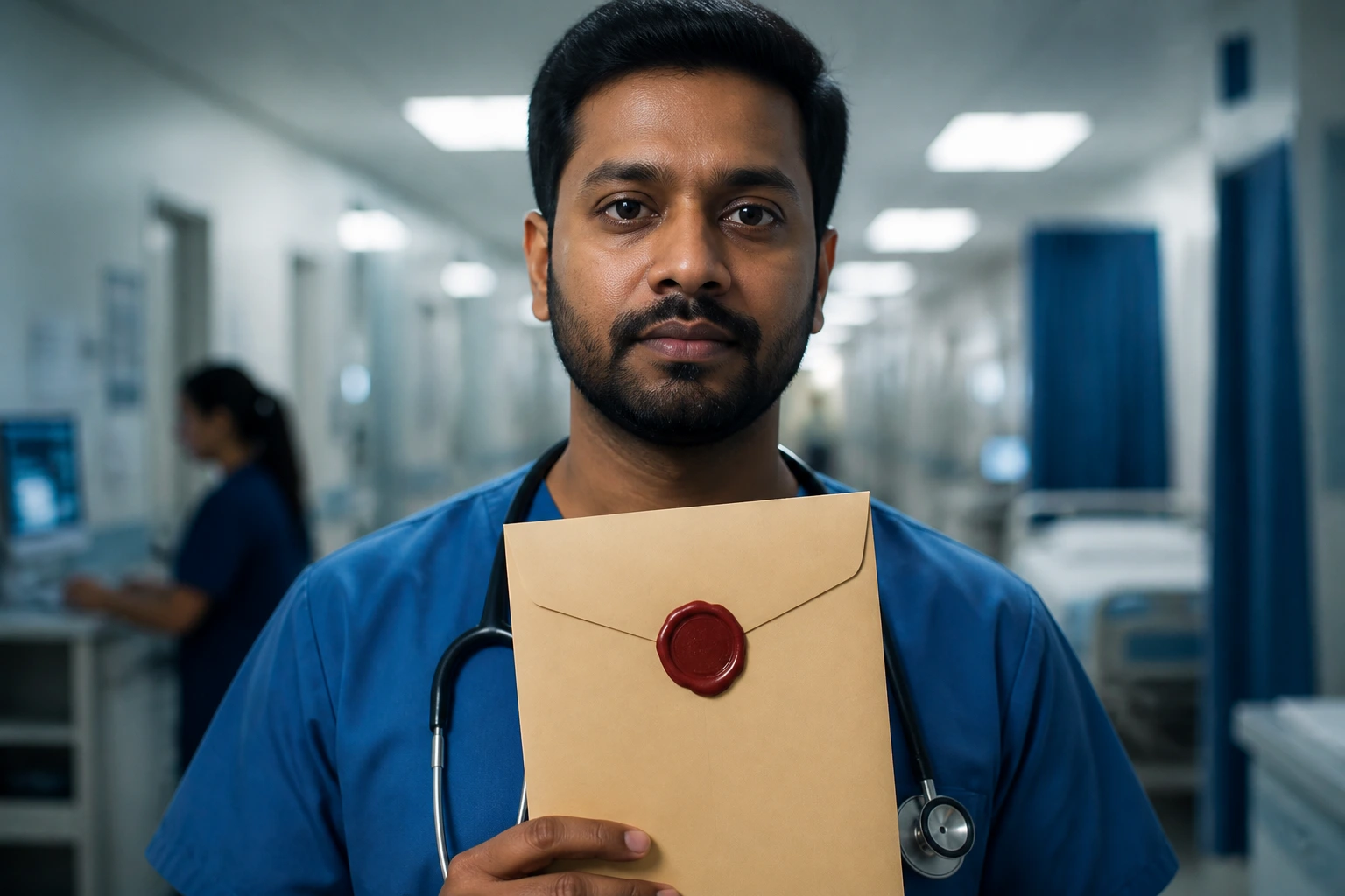 Close-up doctor holding a sealed document symbolizing sponsorship in a hospital corridor