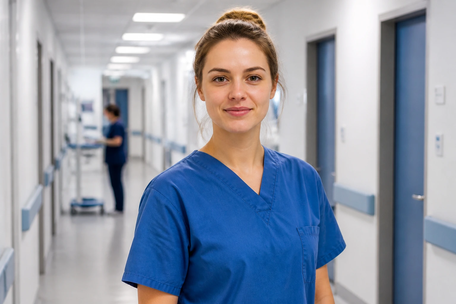 Pharmacy technician in an NHS hospital corridor