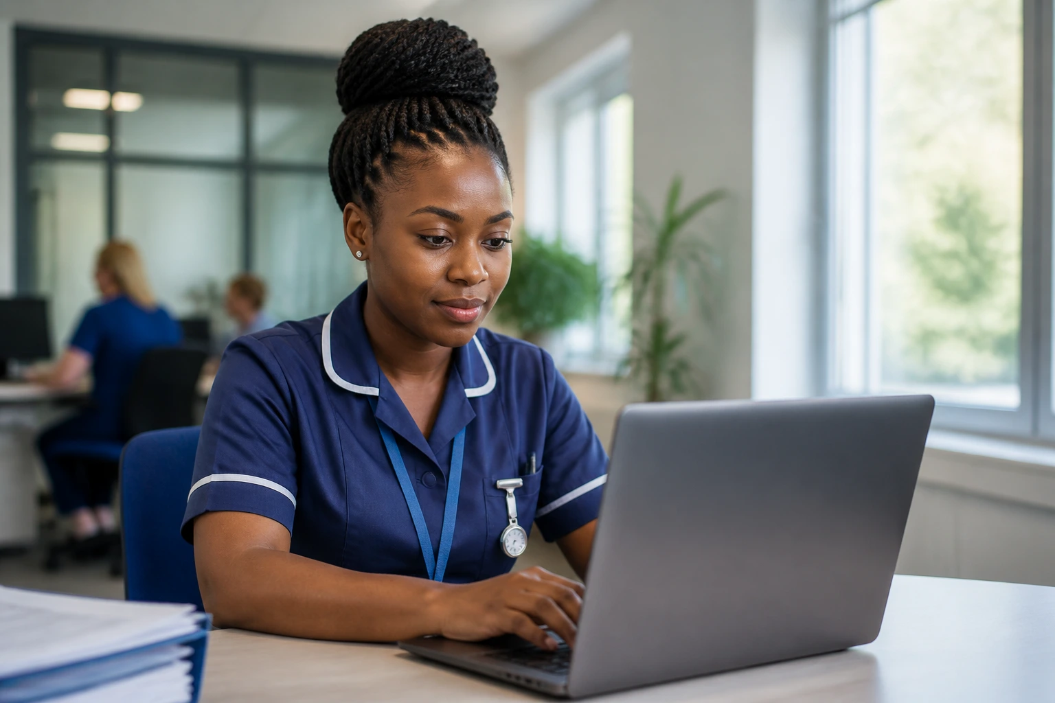 Nurse researching international recruitment on a laptop with blurred recruitment office in background