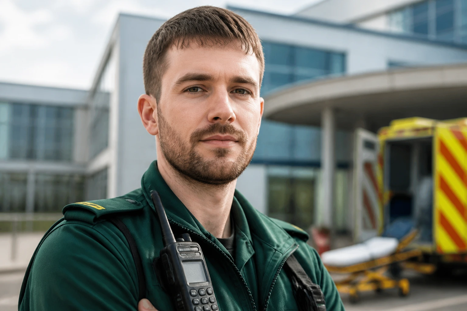 Paramedic in uniform in front of a hospital exterior