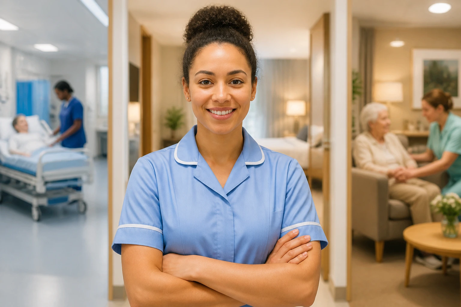 Healthcare worker in a hospital corridor with varied care settings implied behind