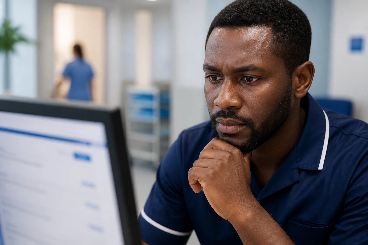 Applicant studying an NHS vacancy in a hospital HR area.