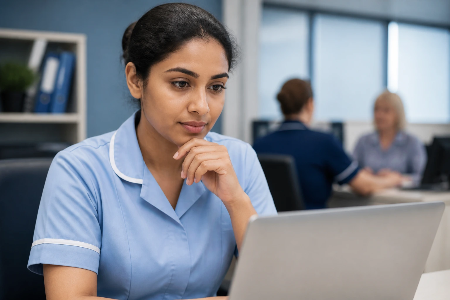 Healthcare assistant in recruitment setting looking at a laptop to illustrate visa sponsorship job ads.