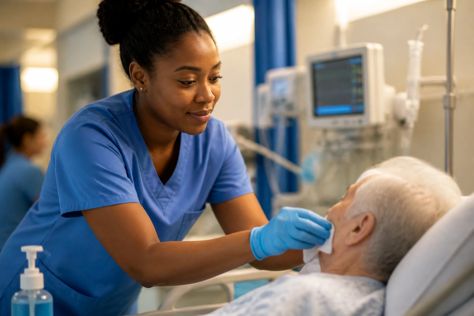 Close-up portrait of a real healthcare assistant in scrubs on an NHS ward performing personal care.
