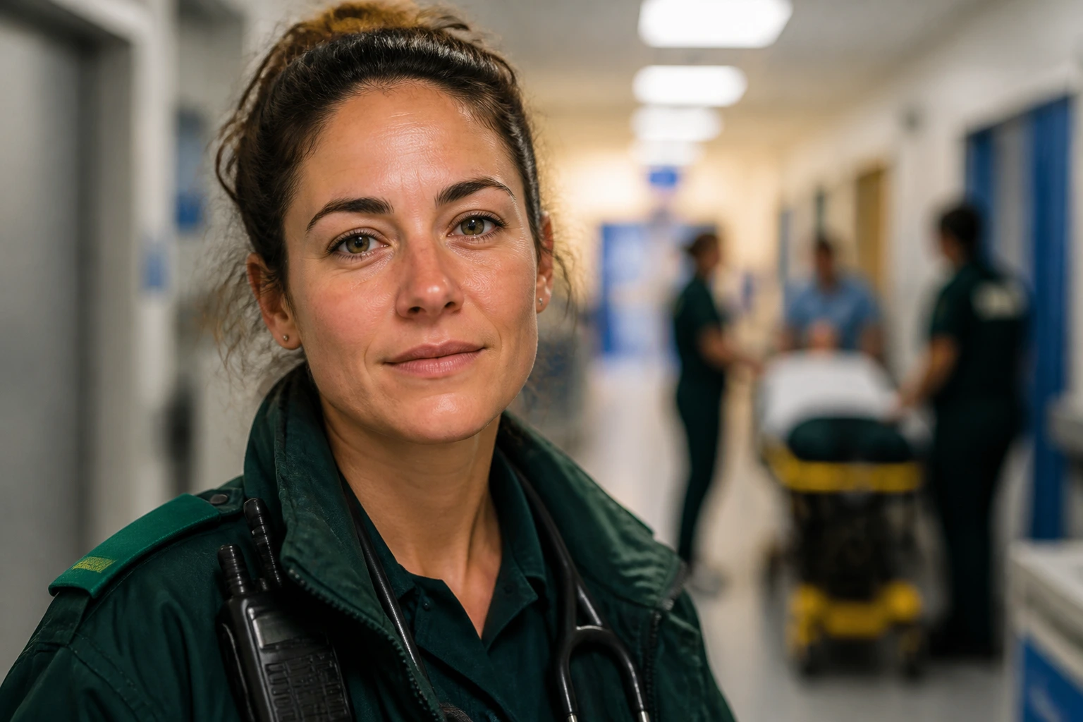 Portrait of a paramedic in NHS setting emphasizing workplace culture.