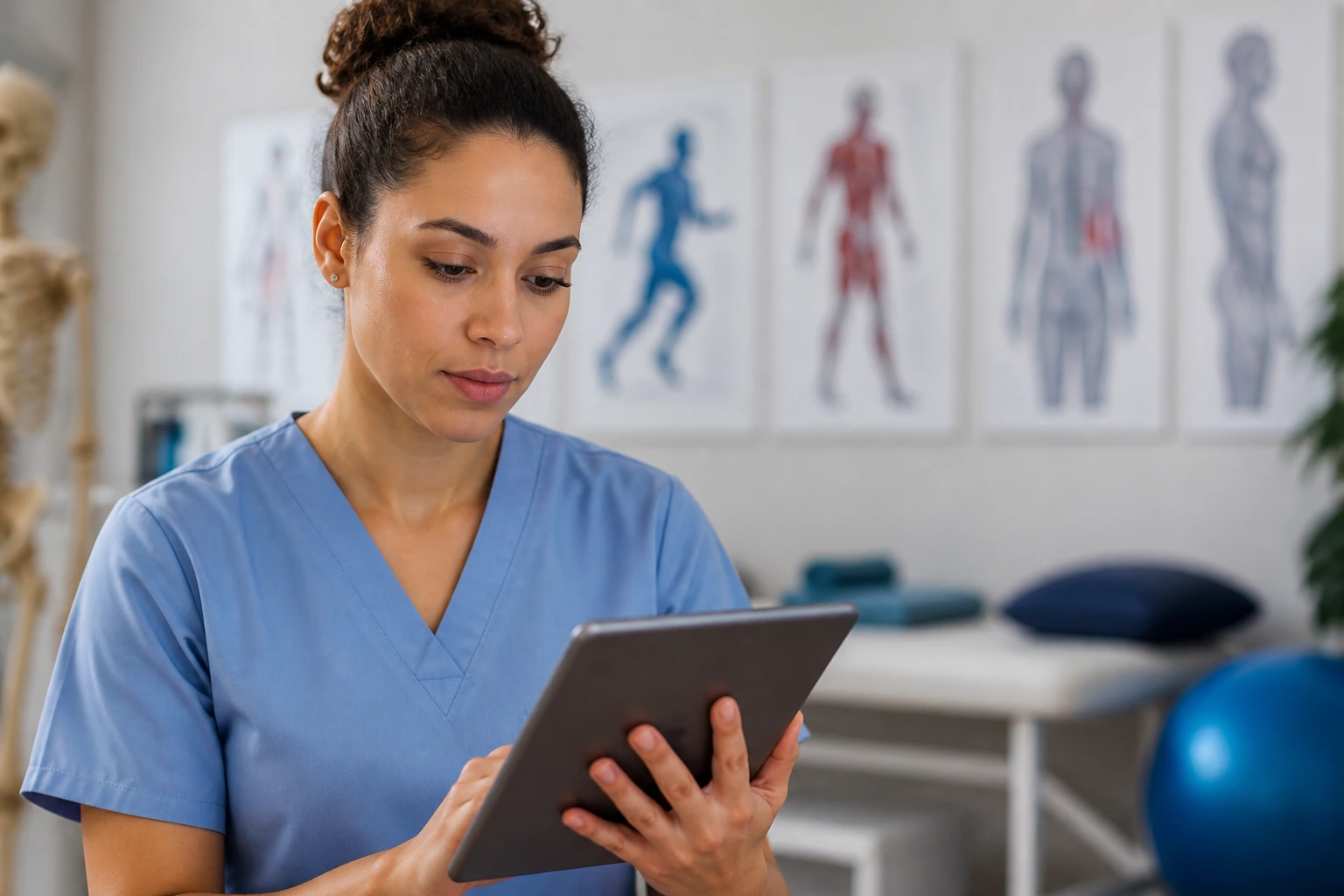 Portrait of a physiotherapist using a tablet with abstract medical diagrams in background