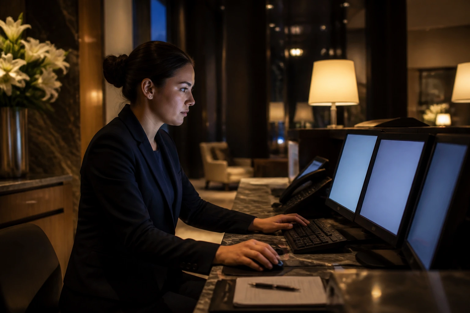 Night audit work with glowing monitors in a dim hotel lobby