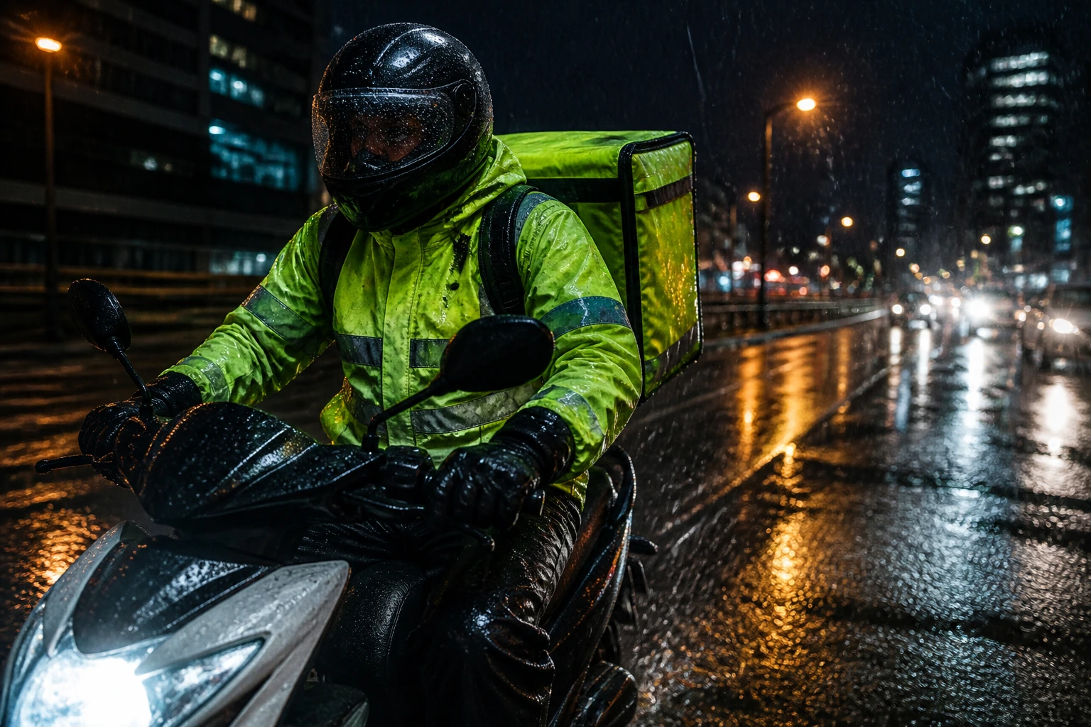 Rider in reflective gear riding at night in rain on a wet city street.