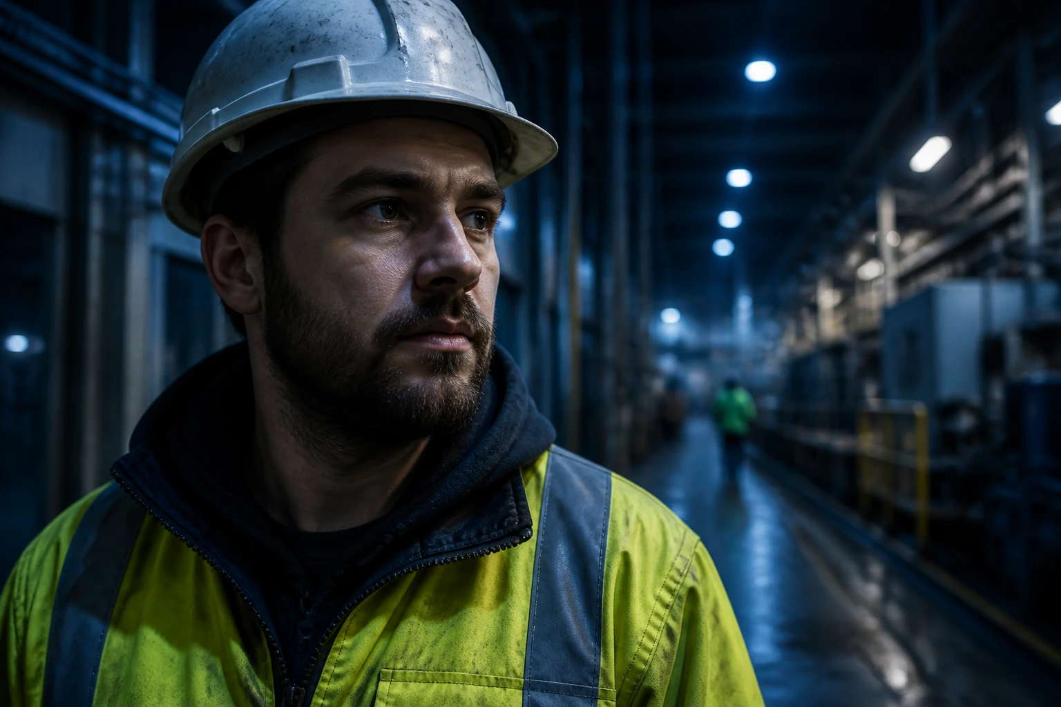 Close-up portrait of a factory worker during night shift in UK manufacturing