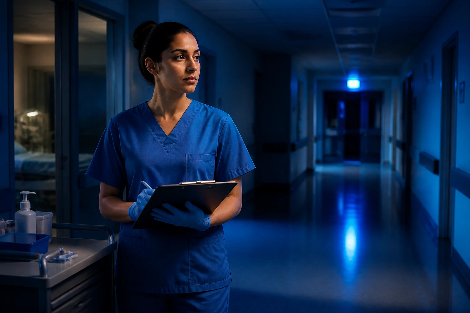 Night-shift nurse in hospital corridor under blue lights