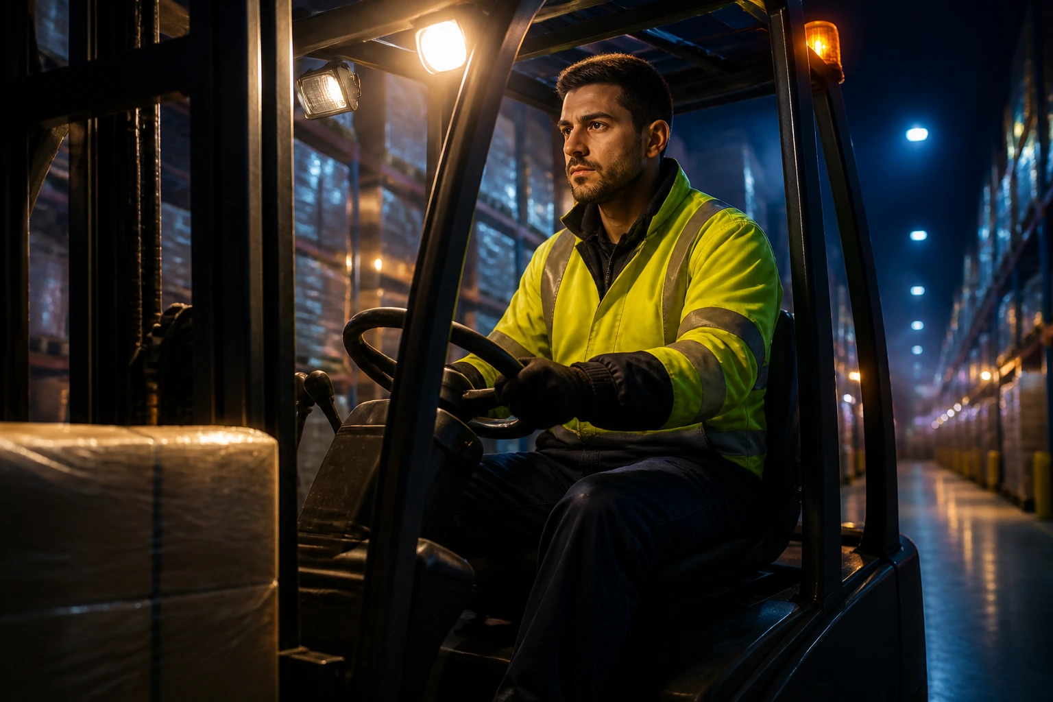 Forklift operator during night shift depicting pay and premiums concept
