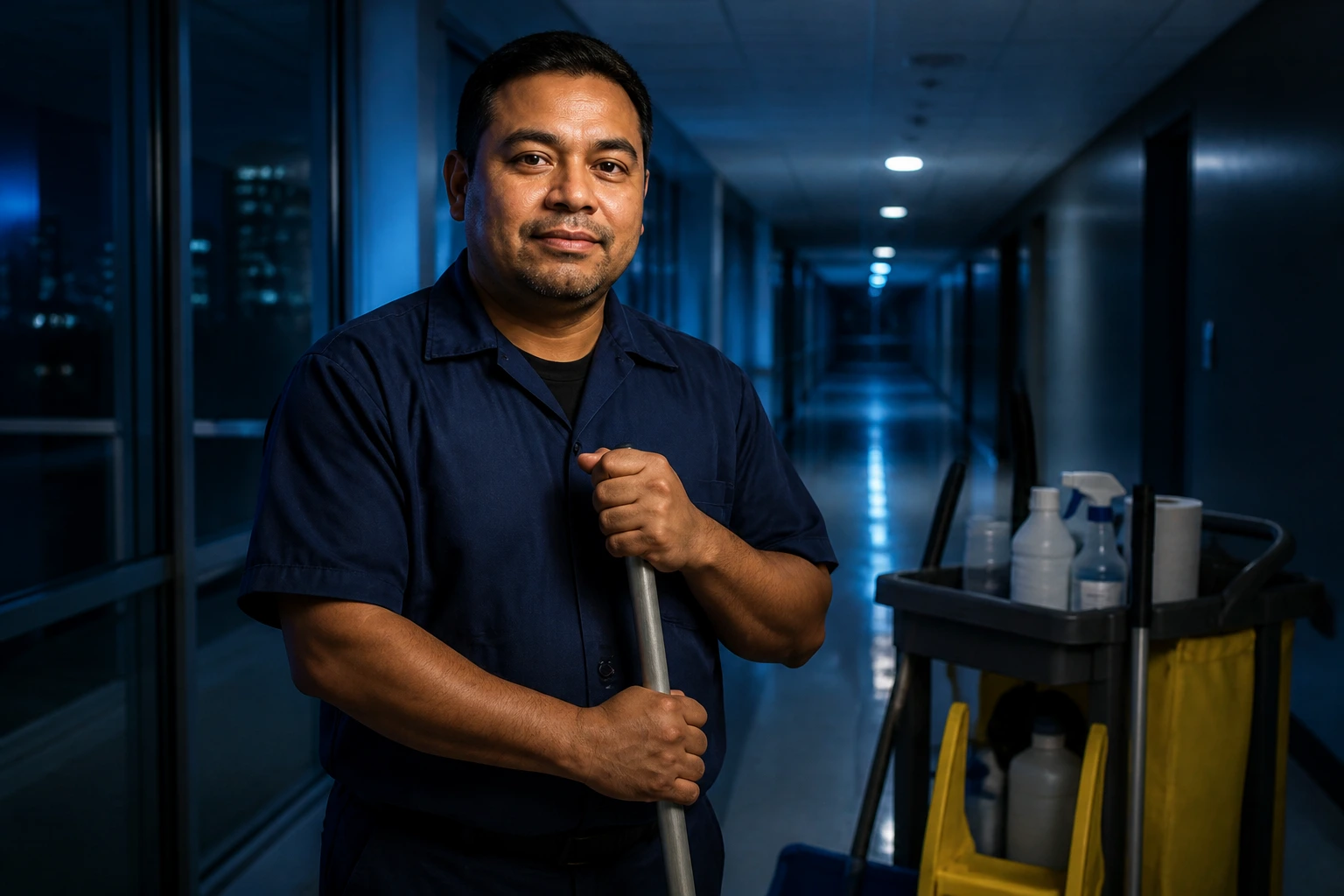 Night-shift janitor in uniform in dim hallway