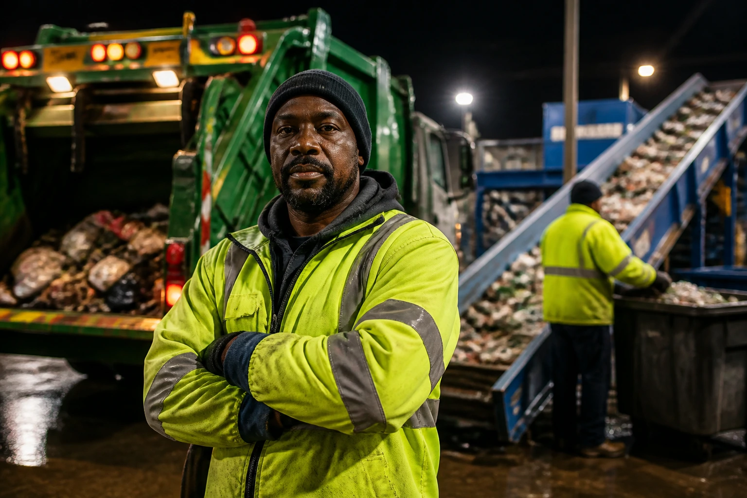 Sanitation worker in reflective gear with a garbage truck at night and blurred recycling conveyors